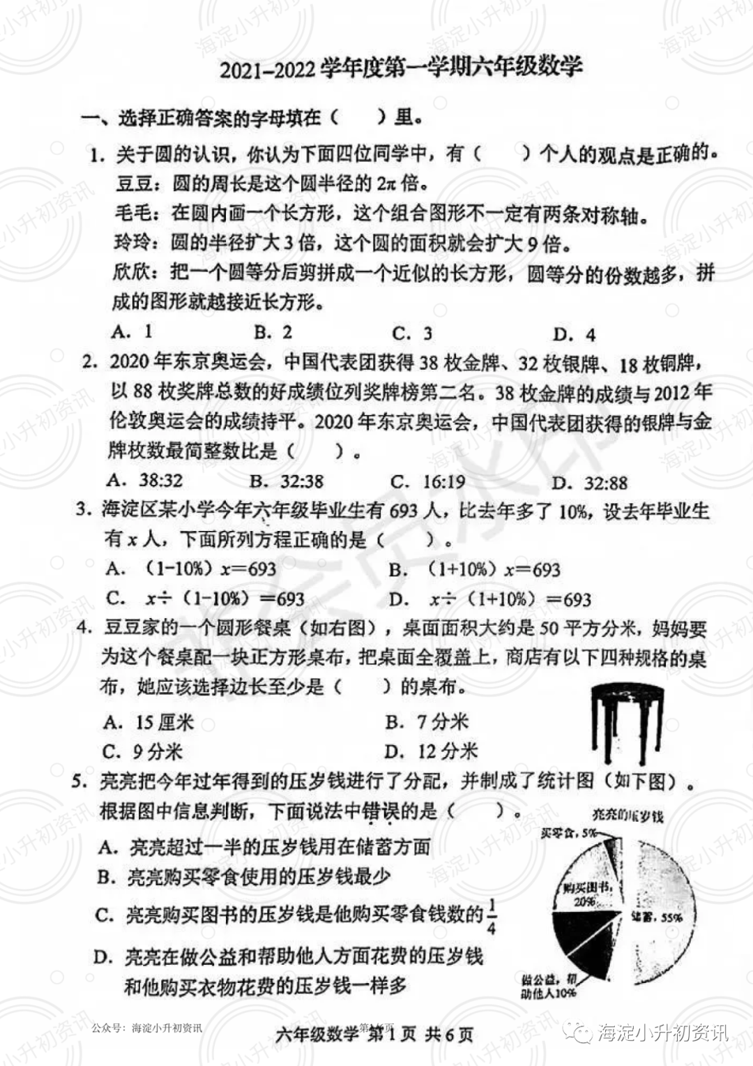 2021-2022海淀区三、四、五、六年级（上）期末考试数学试卷（无答案）