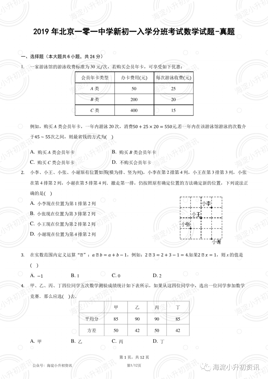 一零一中学2018年、2019年新初一分班考试数学试题（附答案）