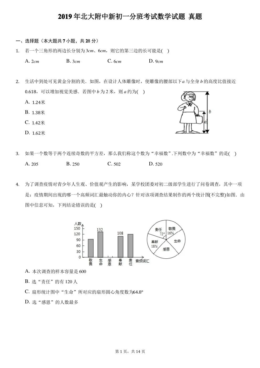 2019 年北大附中新初一分班考试数学试题