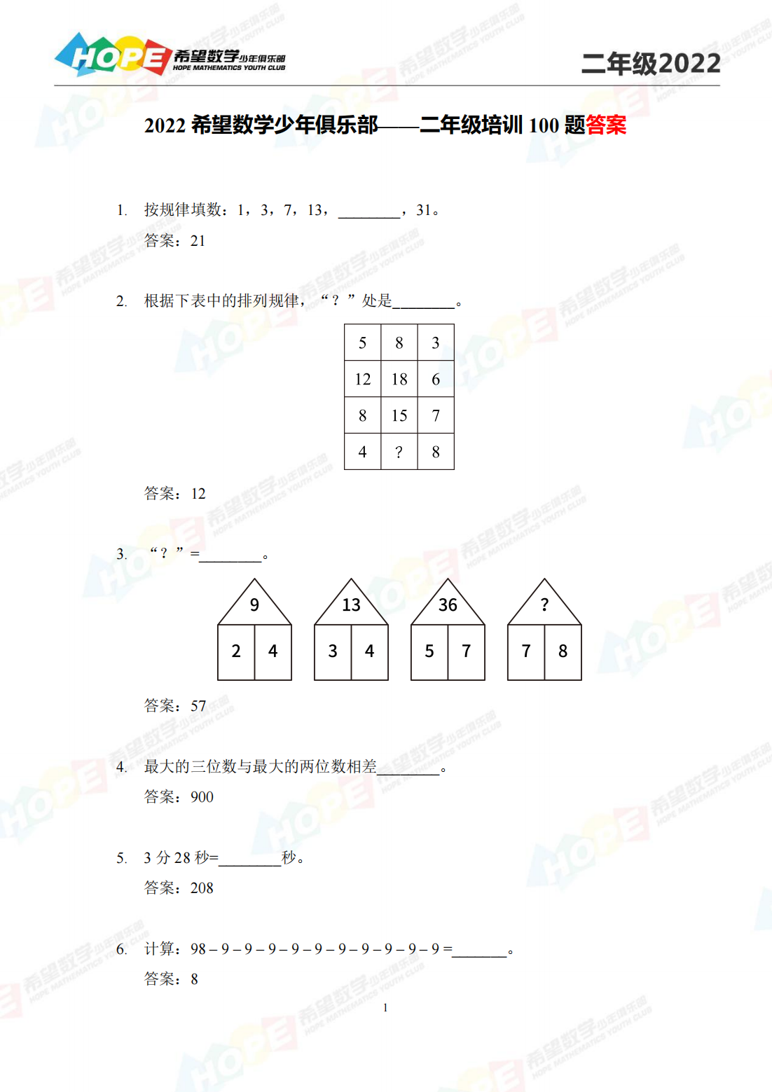 2022 希望数学少年俱乐部——二年级培训 100 题答案
