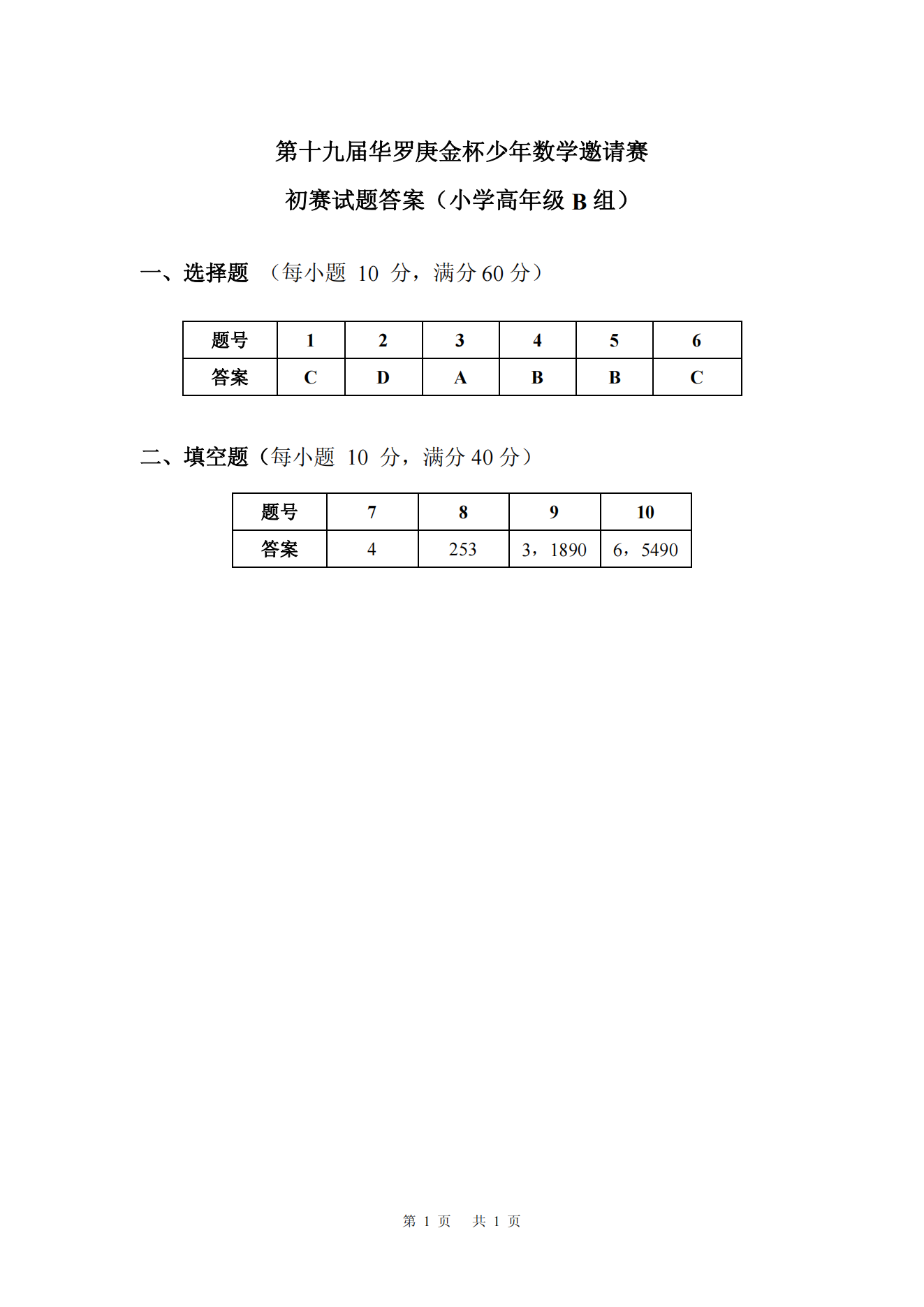 第十九届华罗庚金杯少年数学邀请赛初赛试题答案（小学高年级组）