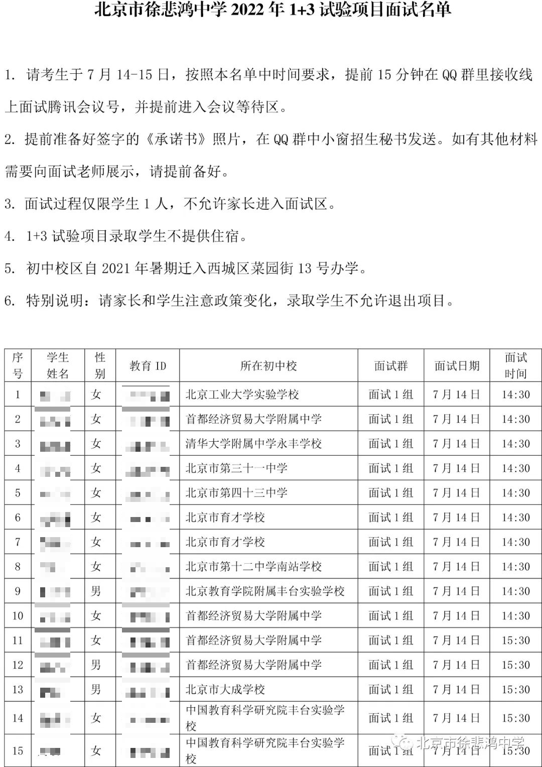 北京市徐悲鸿中学发布2022年1+3实验项目面试名单，有哪些初中校的孩子入围了？