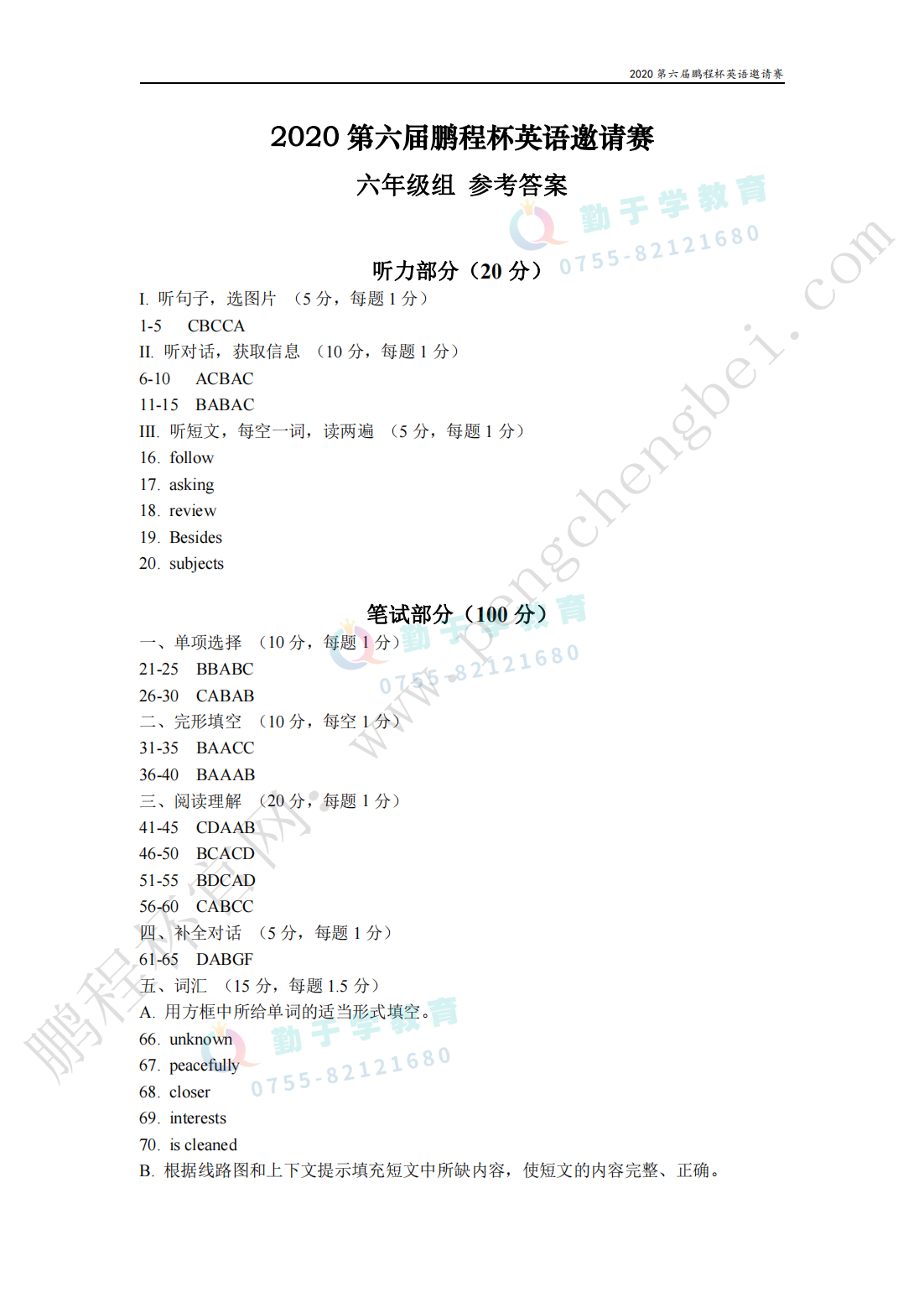 2020 第六届鹏程杯英语邀请赛 六年级组 参考答案