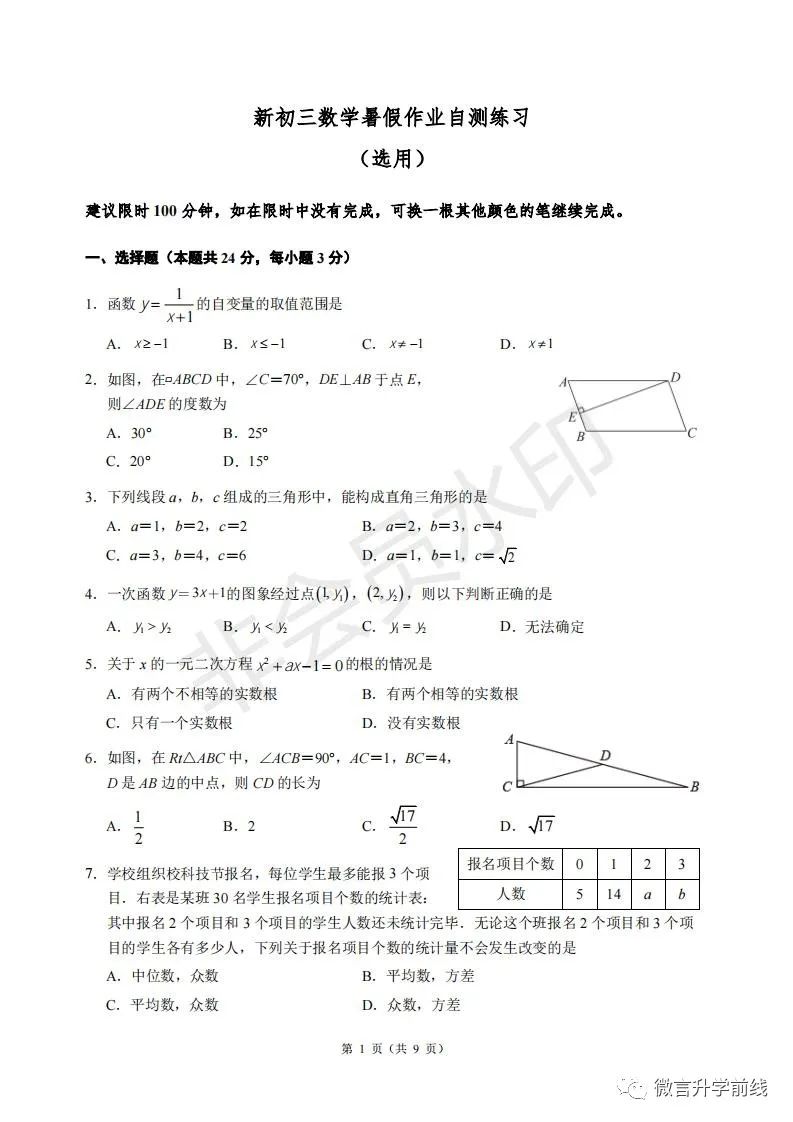 人大附中新初三2021暑期自测练习，可下载