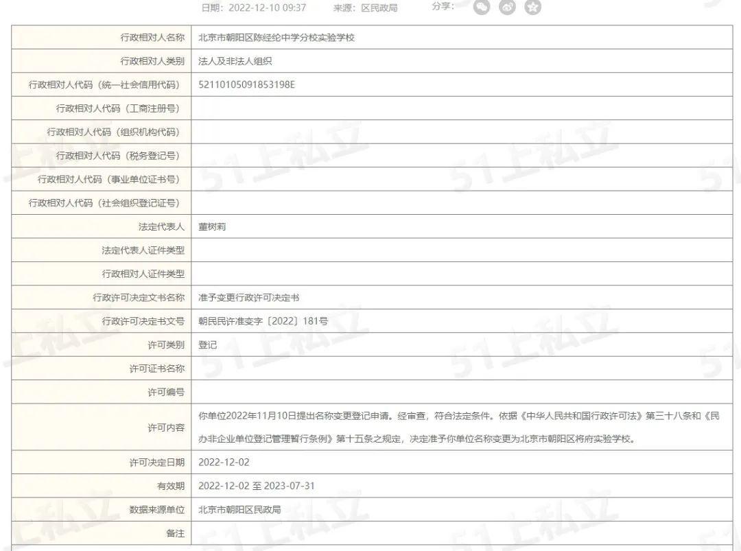 “陈经纶中学分校实验学校”获批名称变更！