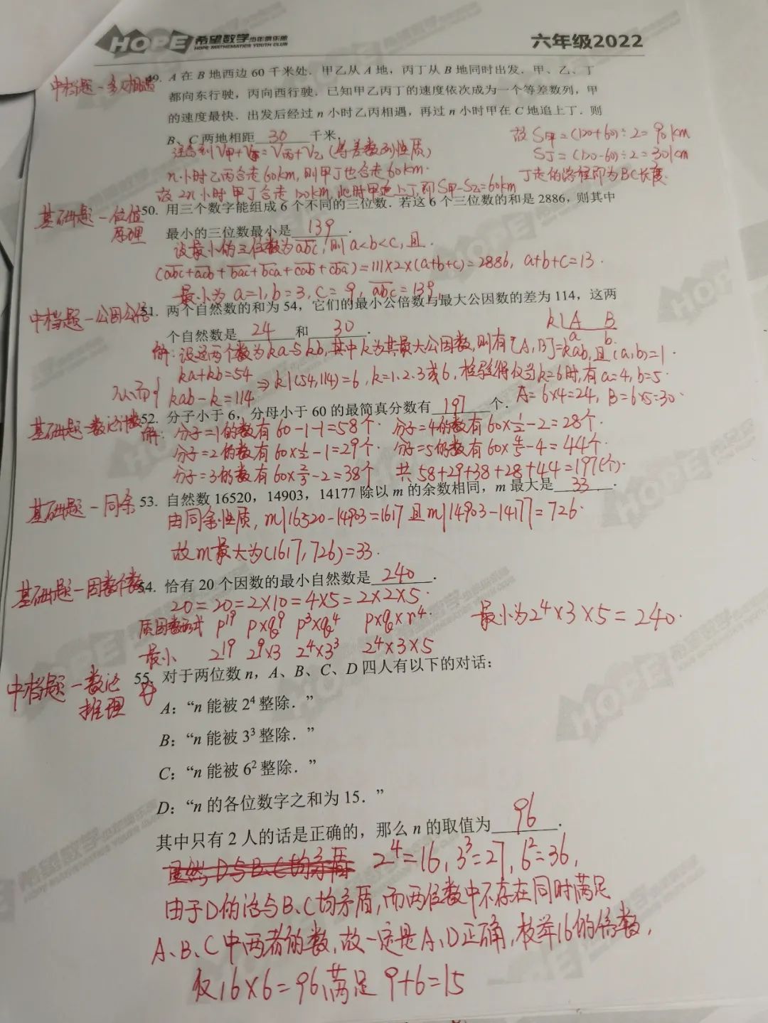 2022年希望数学六年级训练题100道详解数论部分