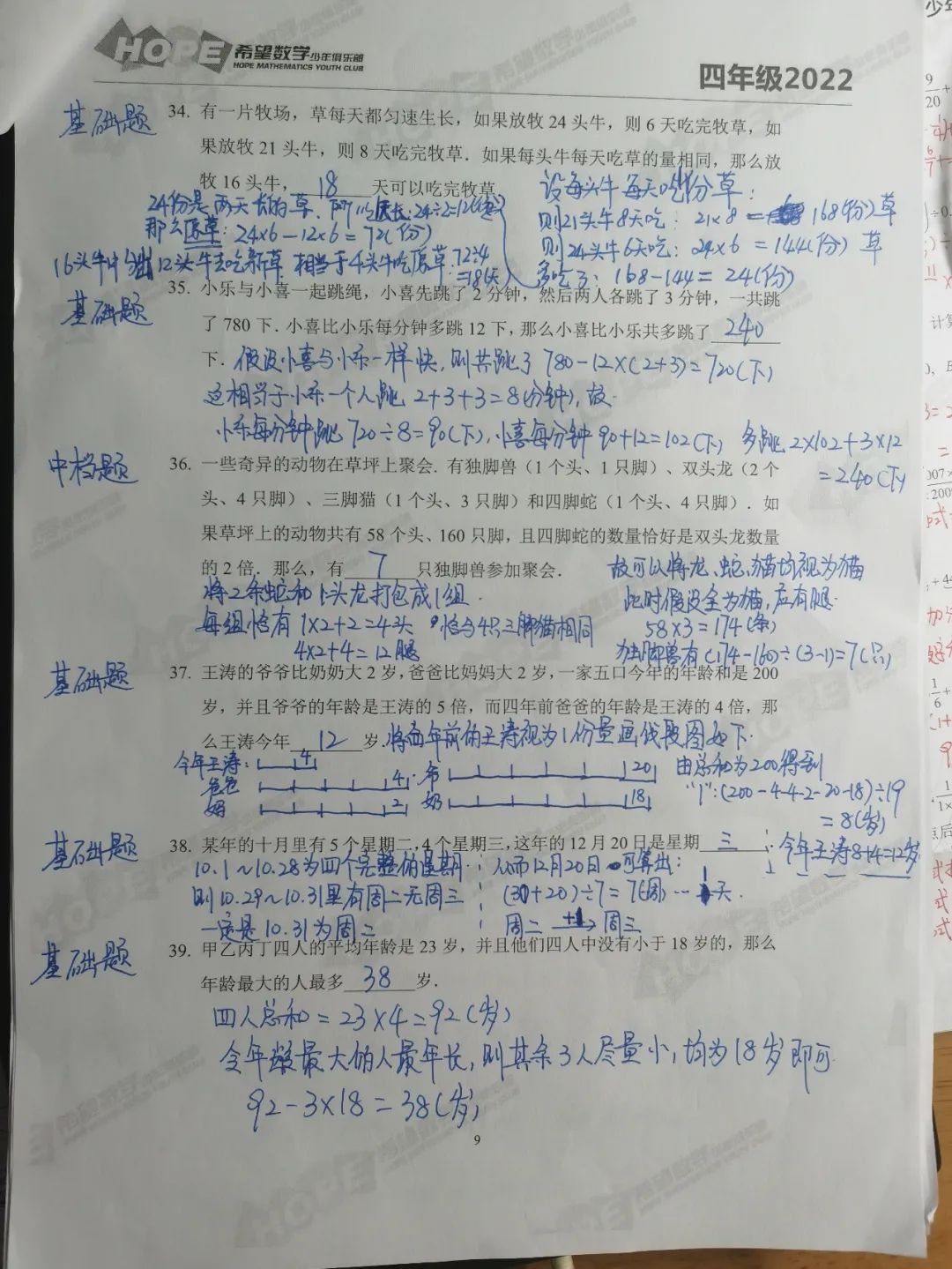 2022年希望数学四年级训练题100道详解应用题与行程部分