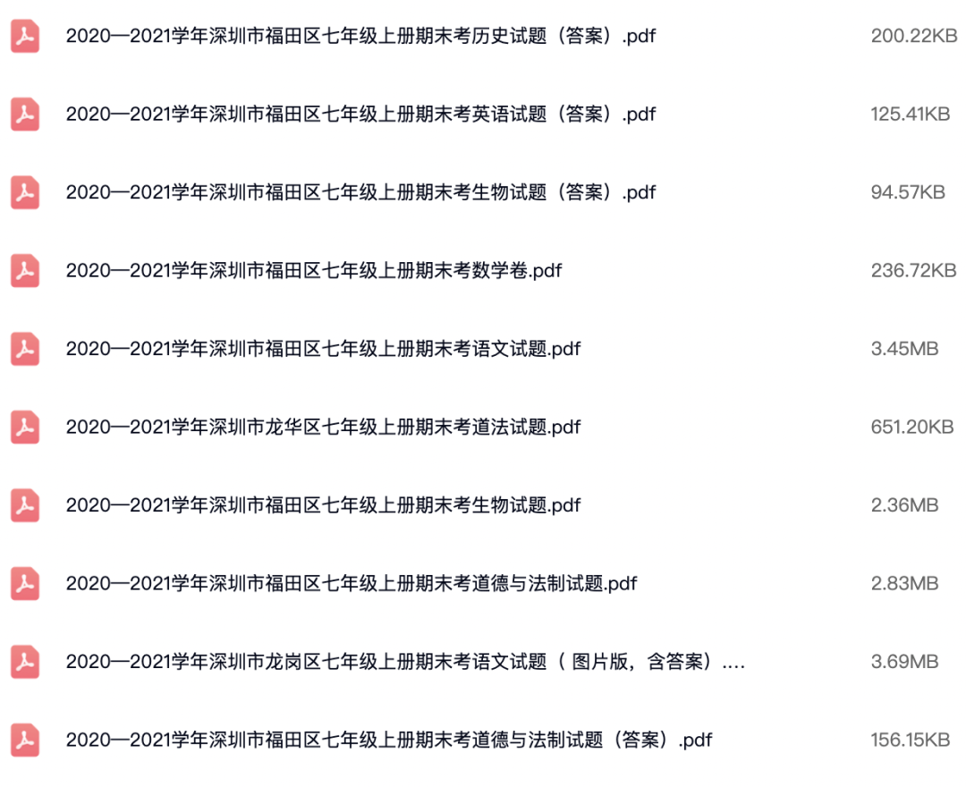 2018~2021学年深圳各区初一上学期期末语数英物化政史地生试卷(详解).pdf