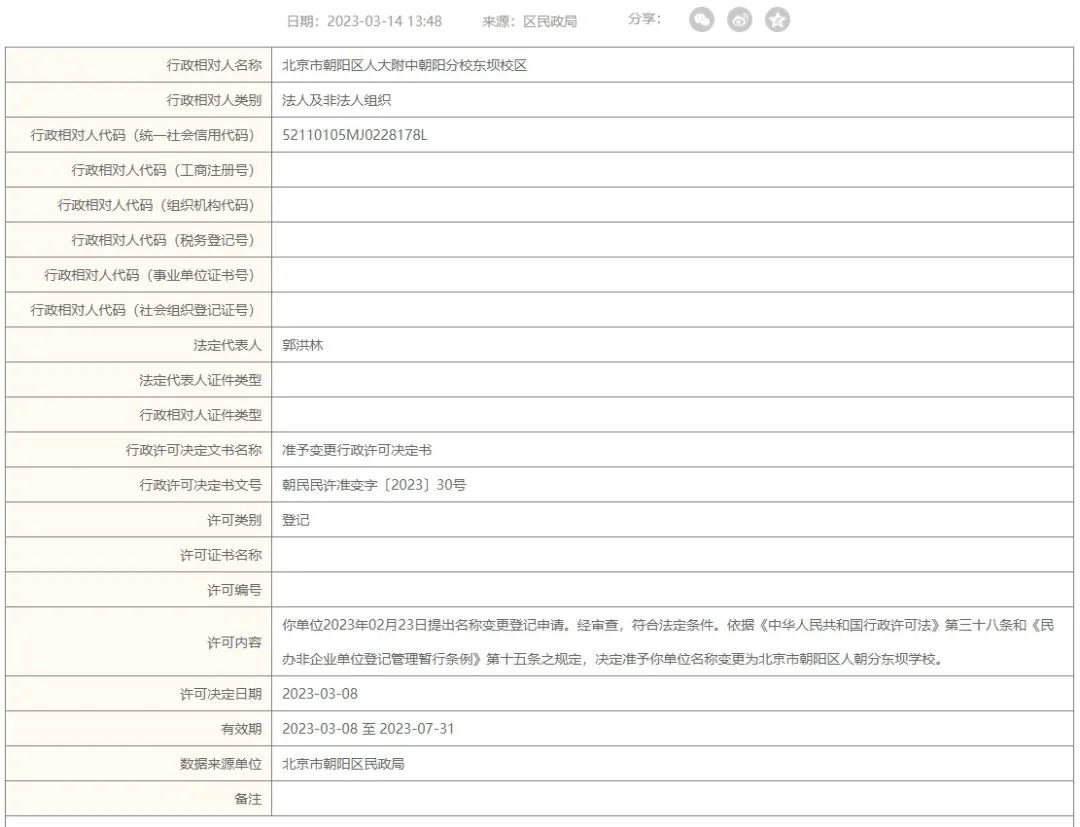 “人大附朝阳东坝校区”获批更名！朝阳区所有“公参民”学校均已改完