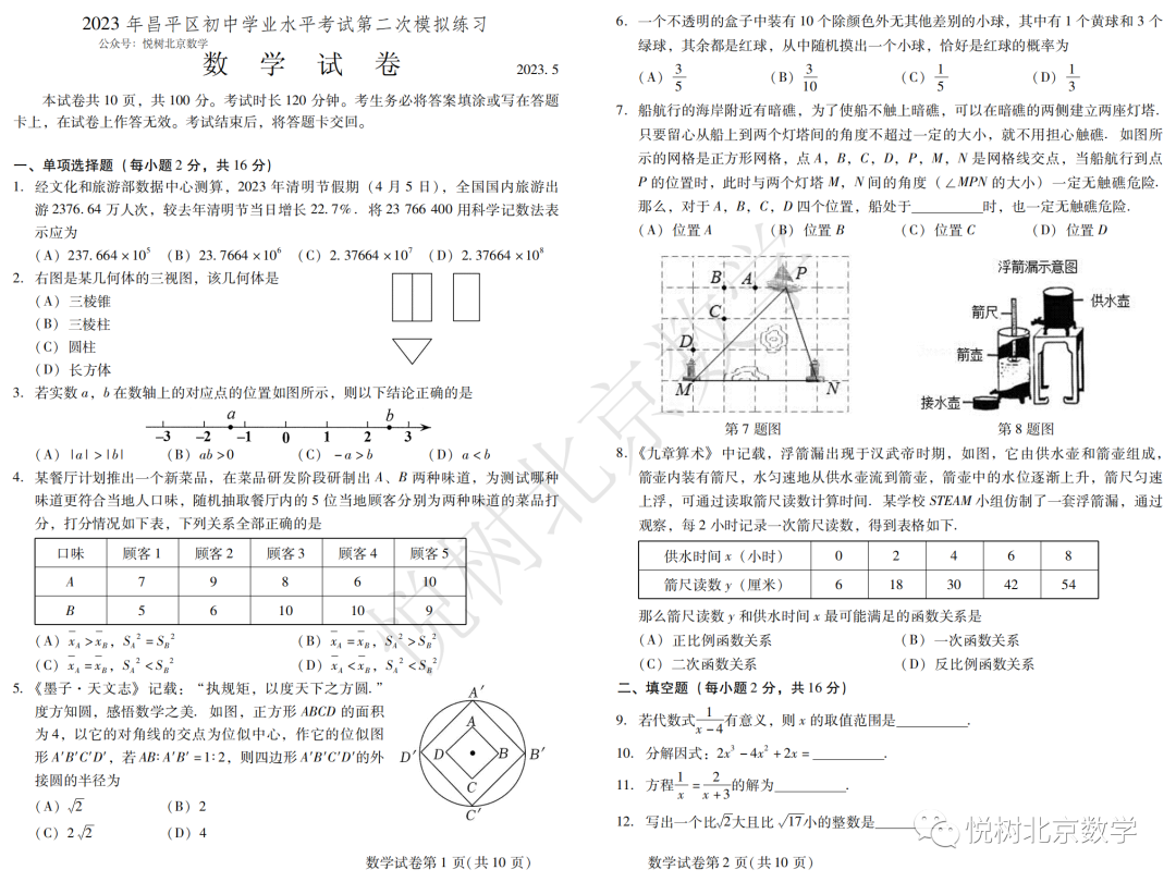 2023.5.24北京市昌平区初三九年级（下册）中考二模考试试卷【附答案】