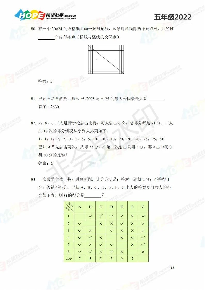 2022希望数学五年级练习题库及答案（五）