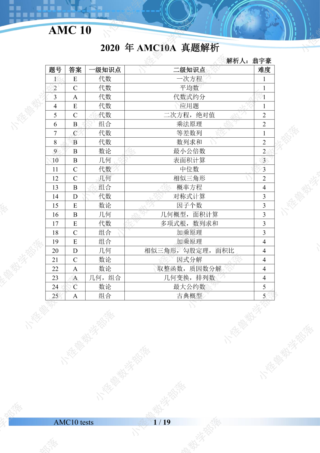 2020年AMC10 A卷解析来了！经典考题，考前必刷