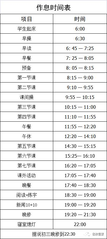 广州增城区初中学校作息表